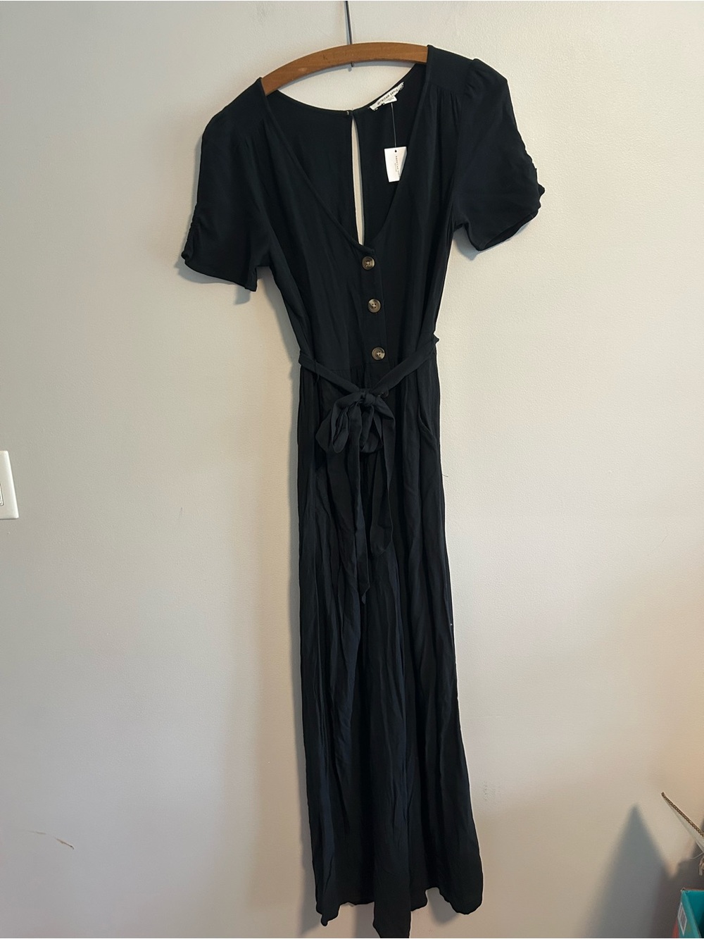 NEW American eagle small Black Button down short sleeve romper with Tie Waist